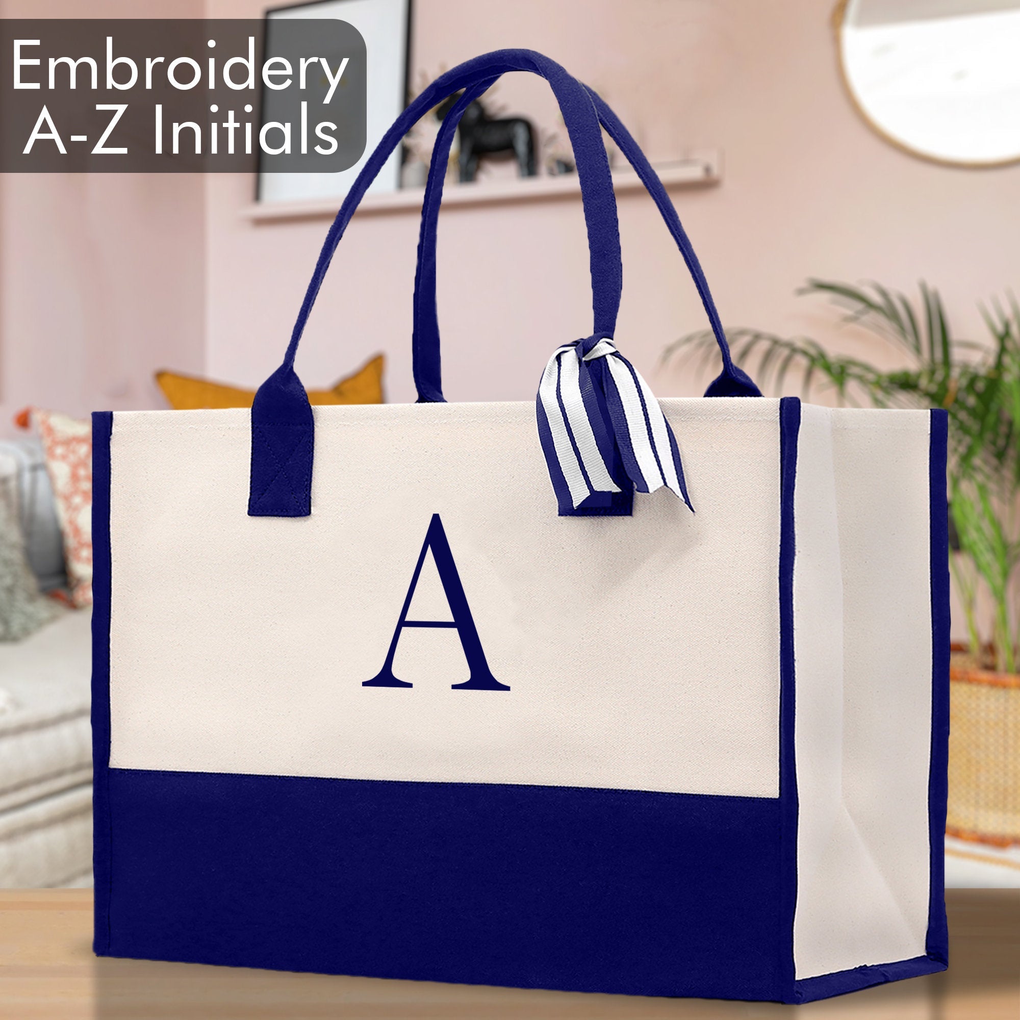 Personalized Cotton Canvas Beach Tote Bag Monogram Tote Bag Initial Canvas Tote Bridesmaid Gift Tote Custom Beach Bag Gift for Her A-Z - Aaria Tees Aaria Tees
