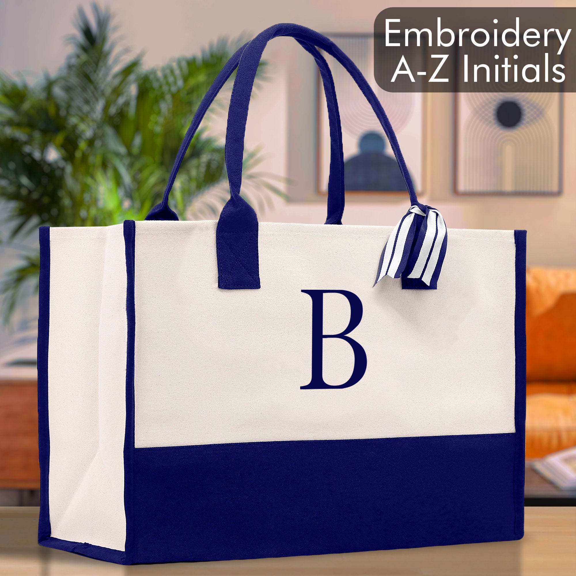 Personalized Cotton Canvas Beach Tote Bag Monogram Tote Bag Initial Canvas Tote Bridesmaid Gift Tote Custom Beach Bag Gift for Her A-Z - Aaria Tees Aaria Tees