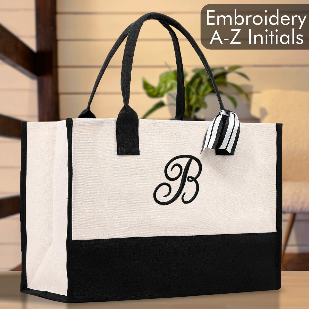 Personalized Cotton Canvas Beach Tote Bag Monogram Tote Bag Initial Canvas Tote Bridesmaid Gift Tote Custom Beach Bag Gift for Her A-Z - Aaria Tees