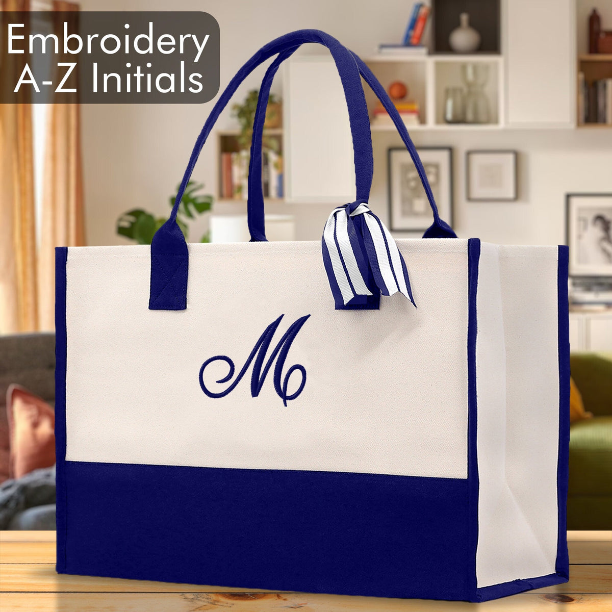 Personalized Cotton Canvas Beach Tote Bag Monogram Tote Bag Initial Canvas Tote Bridesmaid Gift Tote Custom Beach Bag Gift for Her A-Z - Aaria Tees