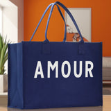 Amour Cotton Canvas Chic Beach Tote Bag Multipurpose Tote Weekender Tote Gift for Her Outdoor Tote Vacation Tote Large Beach Bag - Aaria Tees Aaria Tees