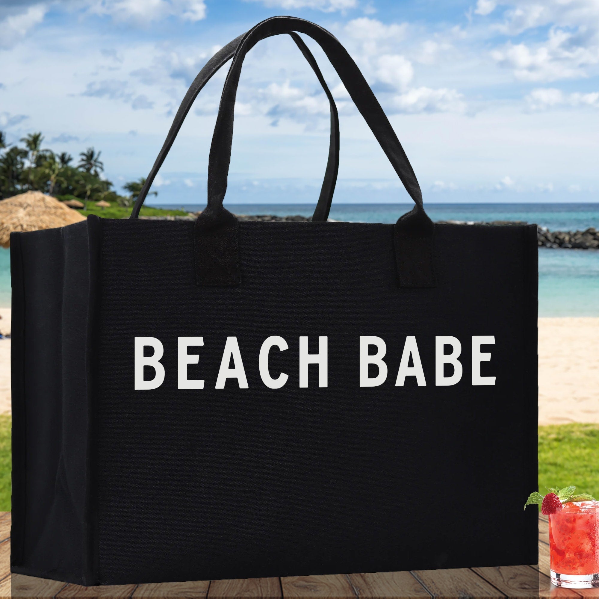 Beach Babe Cotton Canvas Chic Beach Tote Bag Multipurpose Tote Weekender Tote Gift for Her Outdoor Tote Vacation Tote Large Beach Bag - Aaria Tees Aaria Tees
