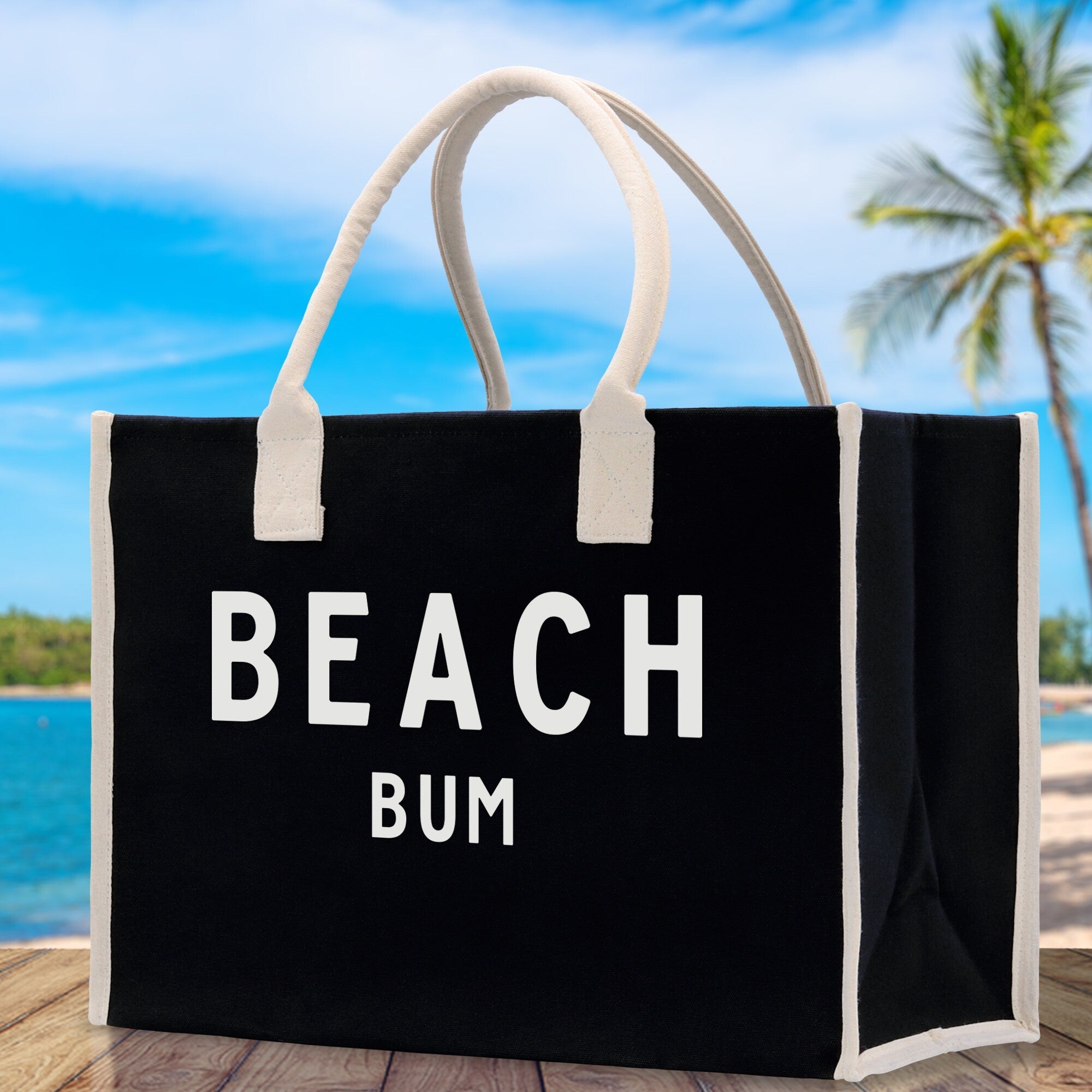 Beach Bum Cotton Canvas Chic Beach Tote Bag Multipurpose Tote Weekender Tote Gift for Her Outdoor Tote Vacation Tote Large Beach Bag - Aaria Tees Aaria Tees