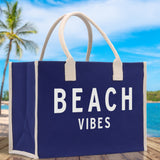 Beach Vibes Cotton Canvas Chic Beach Tote Bag Multipurpose Tote Weekender Tote Gift for Her Outdoor Tote Vacation Tote Large Beach Bag - Aaria Tees Aaria Tees