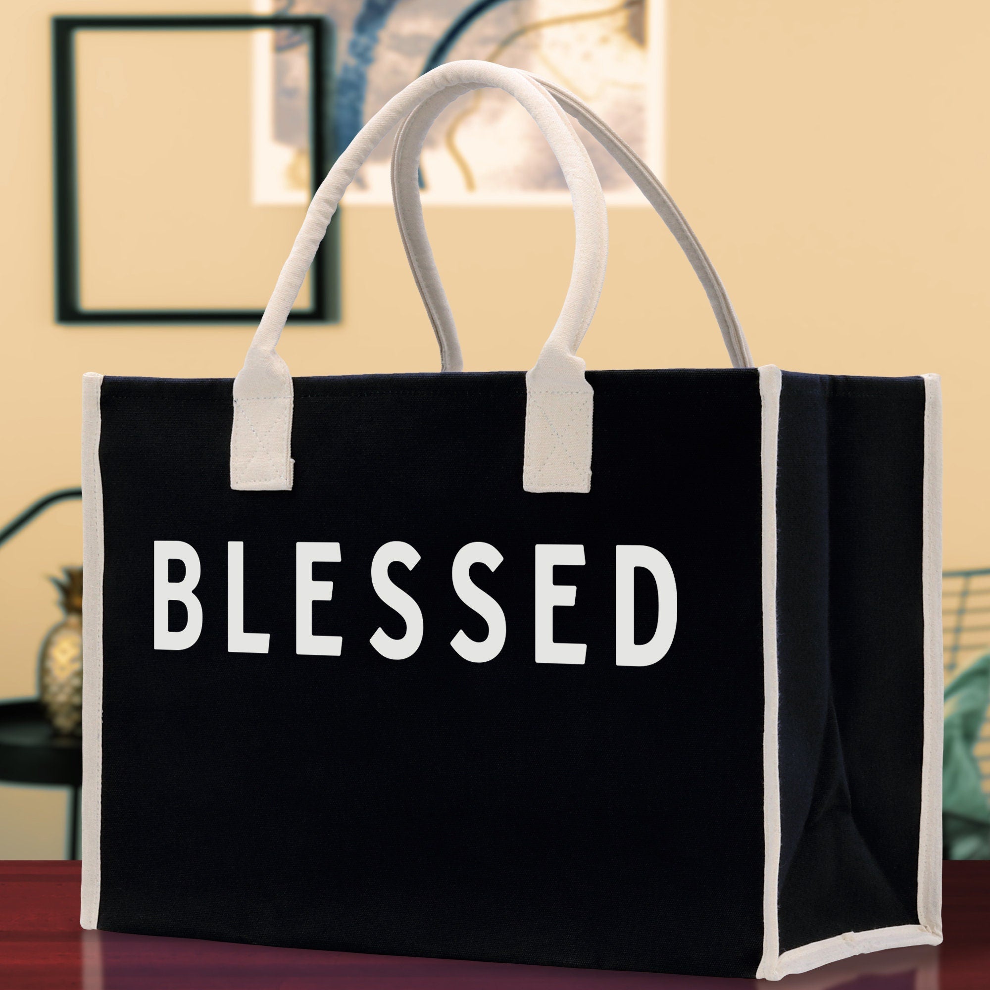 Blessed Cotton Canvas Chic Beach Tote Bag Multipurpose Tote Weekender Tote Gift for Her Outdoor Tote Vacation Tote Large Beach Bag - Aaria Tees Aaria Tees