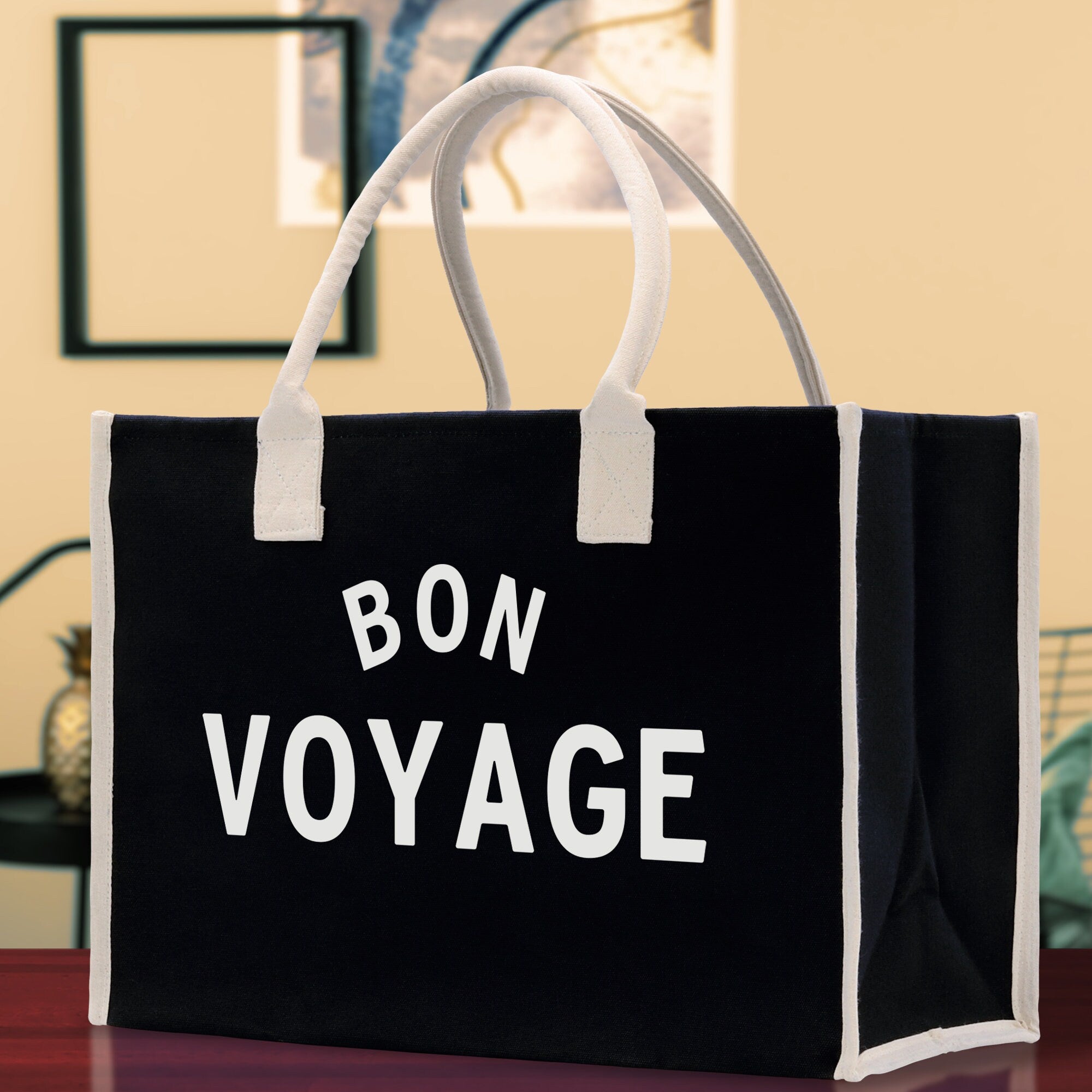 Bon Voyage Cotton Canvas Chic Beach Tote Bag Multipurpose Tote Weekender Tote Gift for Her Outdoor Tote Vacation Tote Large Beach Bag - Aaria Tees Aaria Tees