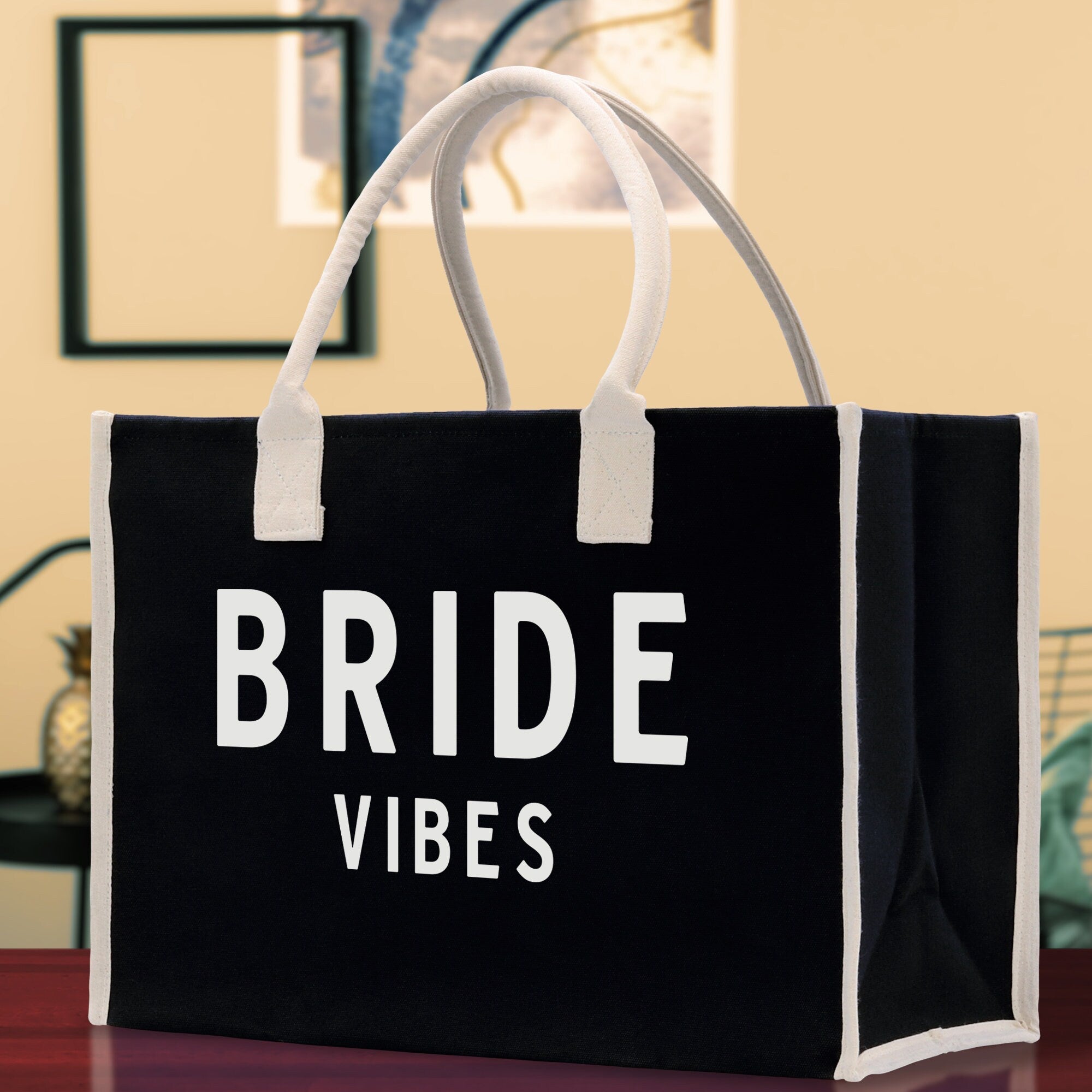 Bride Vibes Cotton Canvas Chic Beach Tote Bag Multipurpose Tote Weekender Tote Gift for Her Outdoor Tote Vacation Tote Large Beach Bag - Aaria Tees Aaria Tees