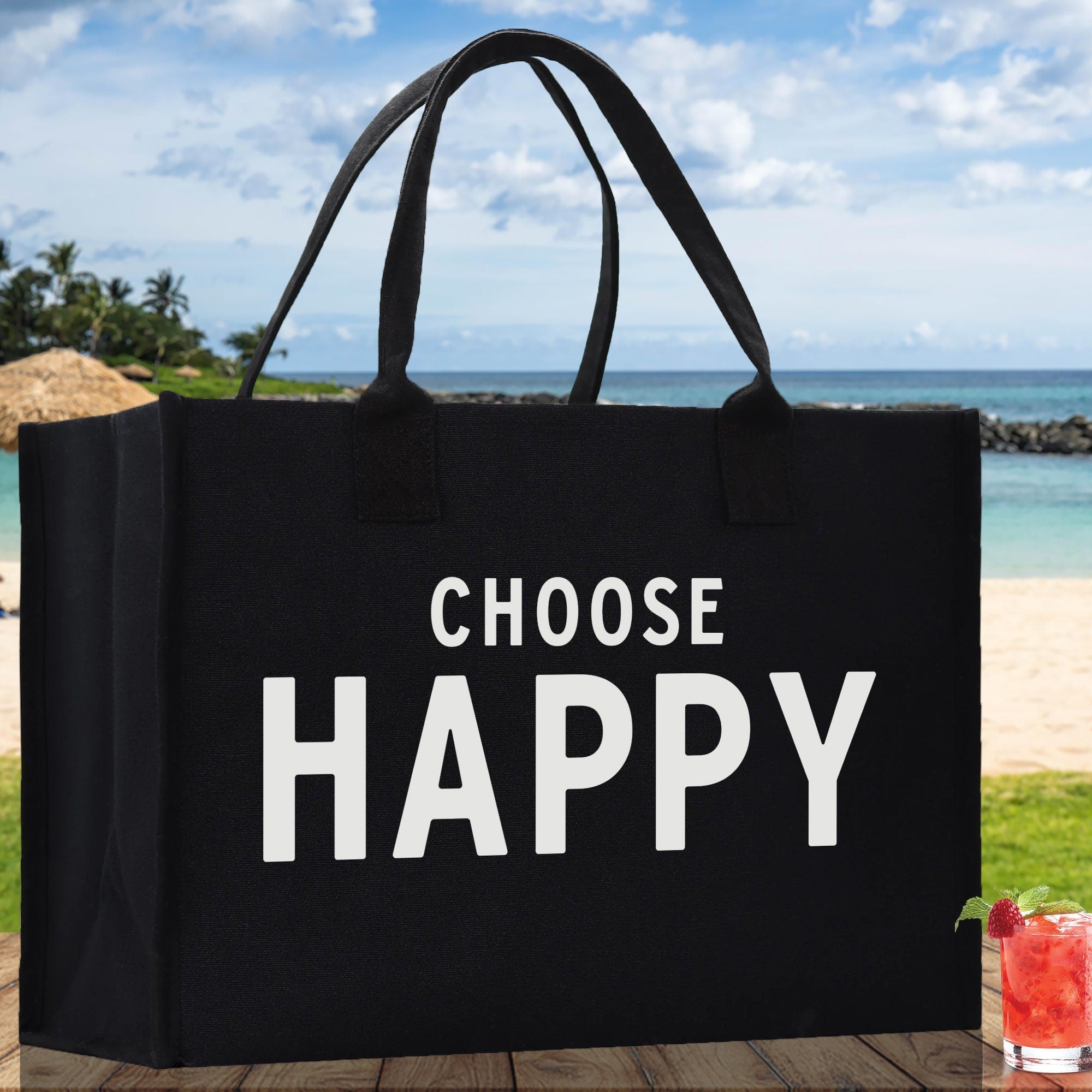 Choose Happy Cotton Canvas Chic Beach Tote Bag Multipurpose Tote Weekender Tote Gift for Her Outdoor Tote Vacation Tote Large Beach Bag - Aaria Tees Aaria Tees