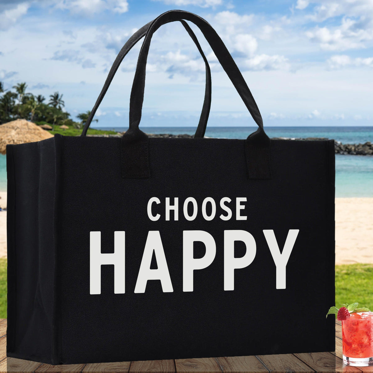 Choose Happy Cotton Canvas Chic Beach Tote Bag Multipurpose Tote Weekender Tote Gift for Her Outdoor Tote Vacation Tote Large Beach Bag - Aaria Tees