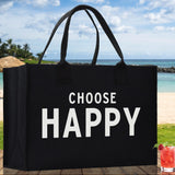 Choose Happy Cotton Canvas Chic Beach Tote Bag Multipurpose Tote Weekender Tote Gift for Her Outdoor Tote Vacation Tote Large Beach Bag - Aaria Tees Aaria Tees