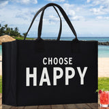 Choose Happy Cotton Canvas Chic Beach Tote Bag Multipurpose Tote Weekender Tote Gift for Her Outdoor Tote Vacation Tote Large Beach Bag - Aaria Tees Aaria Tees
