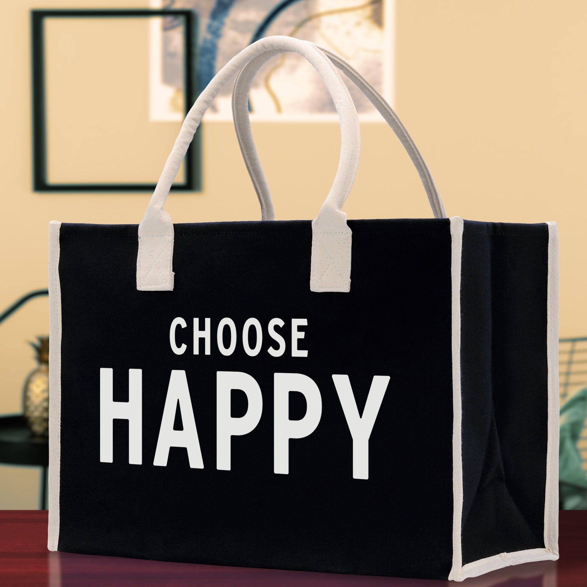 Choose Happy Cotton Canvas Chic Beach Tote Bag Multipurpose Tote Weekender Tote Gift for Her Outdoor Tote Vacation Tote Large Beach Bag - Aaria Tees Aaria Tees