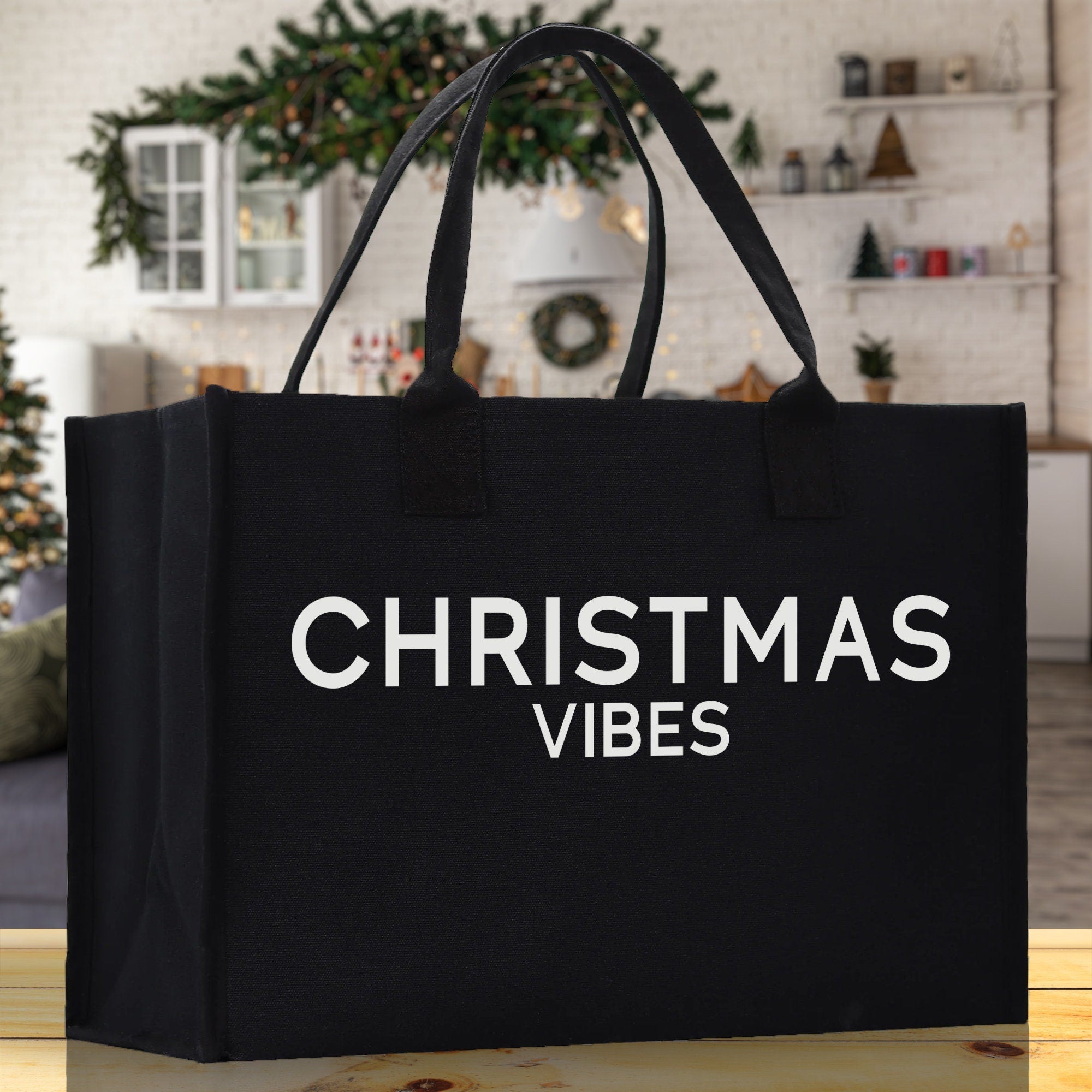 Christmas Vibes Cotton Canvas Chic Beach Tote Bag Multipurpose Tote Weekender Tote Gift for Her Outdoor Tote Vacation Tote Large Beach Bag - Aaria Tees Aaria Tees