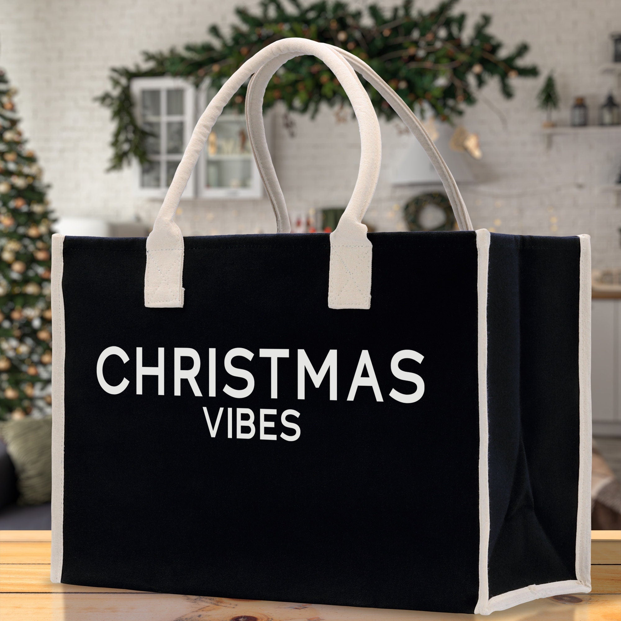 Christmas Vibes Cotton Canvas Chic Beach Tote Bag Multipurpose Tote Weekender Tote Gift for Her Outdoor Tote Vacation Tote Large Beach Bag - Aaria Tees Aaria Tees