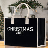 Christmas Vibes Cotton Canvas Chic Beach Tote Bag Multipurpose Tote Weekender Tote Gift for Her Outdoor Tote Vacation Tote Large Beach Bag - Aaria Tees Aaria Tees