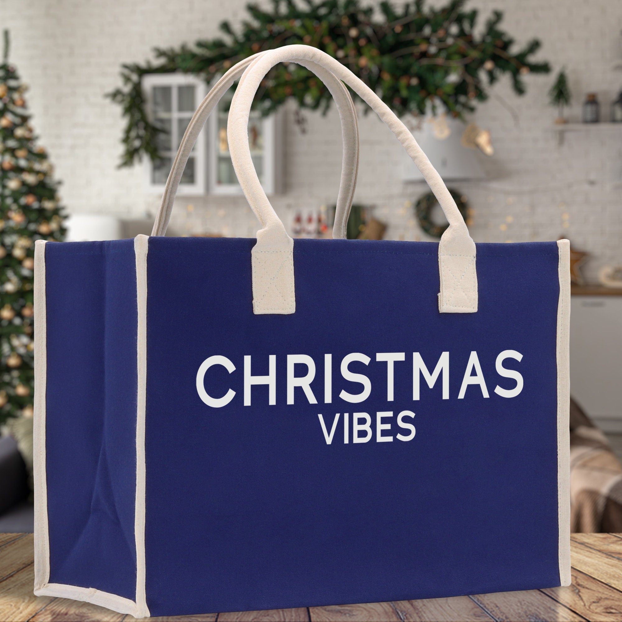 Christmas Vibes Cotton Canvas Chic Beach Tote Bag Multipurpose Tote Weekender Tote Gift for Her Outdoor Tote Vacation Tote Large Beach Bag - Aaria Tees Aaria Tees