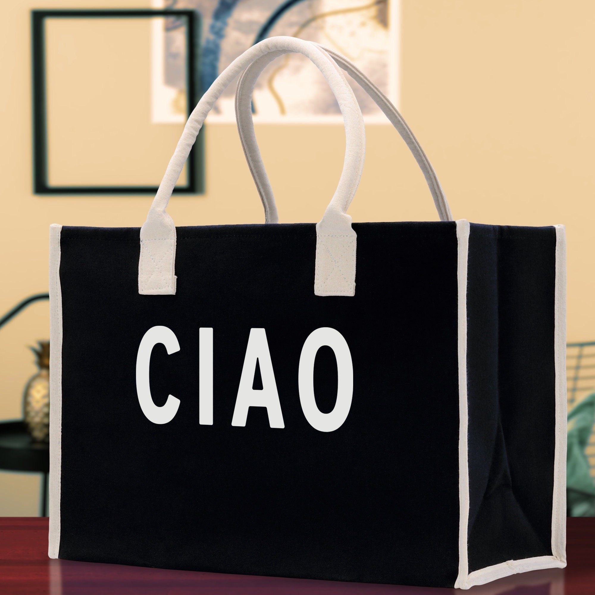 Ciao Cotton Canvas Chic Beach Tote Bag Multipurpose Tote Weekender Tote Gift for Her Outdoor Tote Vacation Tote Large Beach Bag - Aaria Tees Aaria Tees