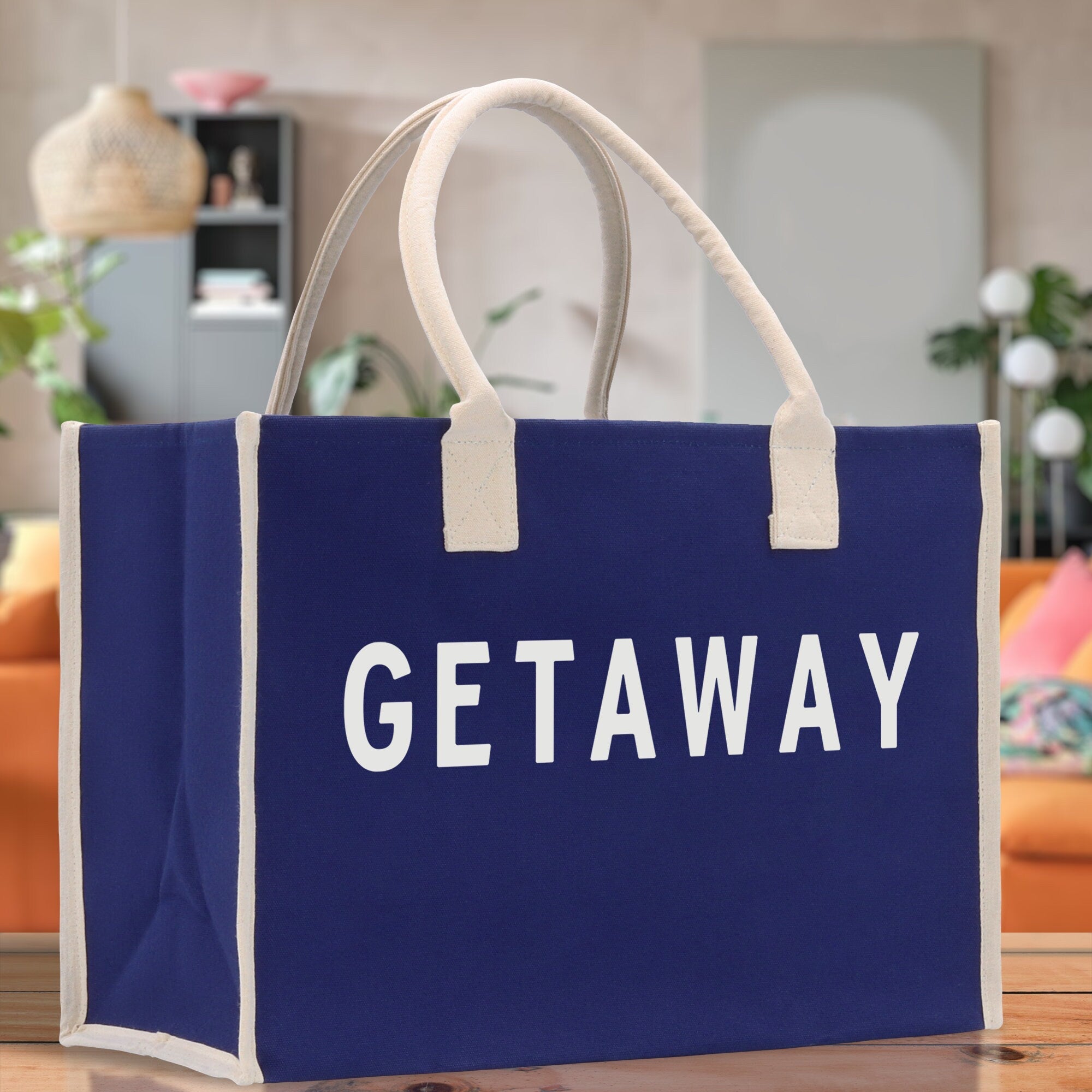 Getaway Cotton Canvas Chic Beach Tote Bag Multipurpose Tote Weekender Tote Gift for Her Outdoor Tote Vacation Tote Large Beach Bag - Aaria Tees Aaria Tees