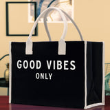 Good Vibes Only Cotton Canvas Chic Beach Tote Bag Multipurpose Tote Weekender Tote Gift for Her Outdoor Tote Vacation Tote Large Beach Bag - Aaria Tees Aaria Tees