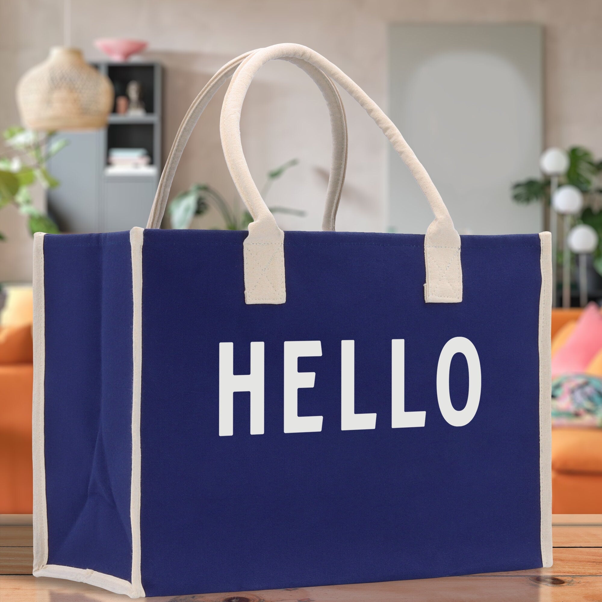 Hello Cotton Canvas Chic Beach Tote Bag Multipurpose Tote Weekender Tote Gift for Her Outdoor Tote Vacation Tote Large Beach Bag - Aaria Tees Aaria Tees