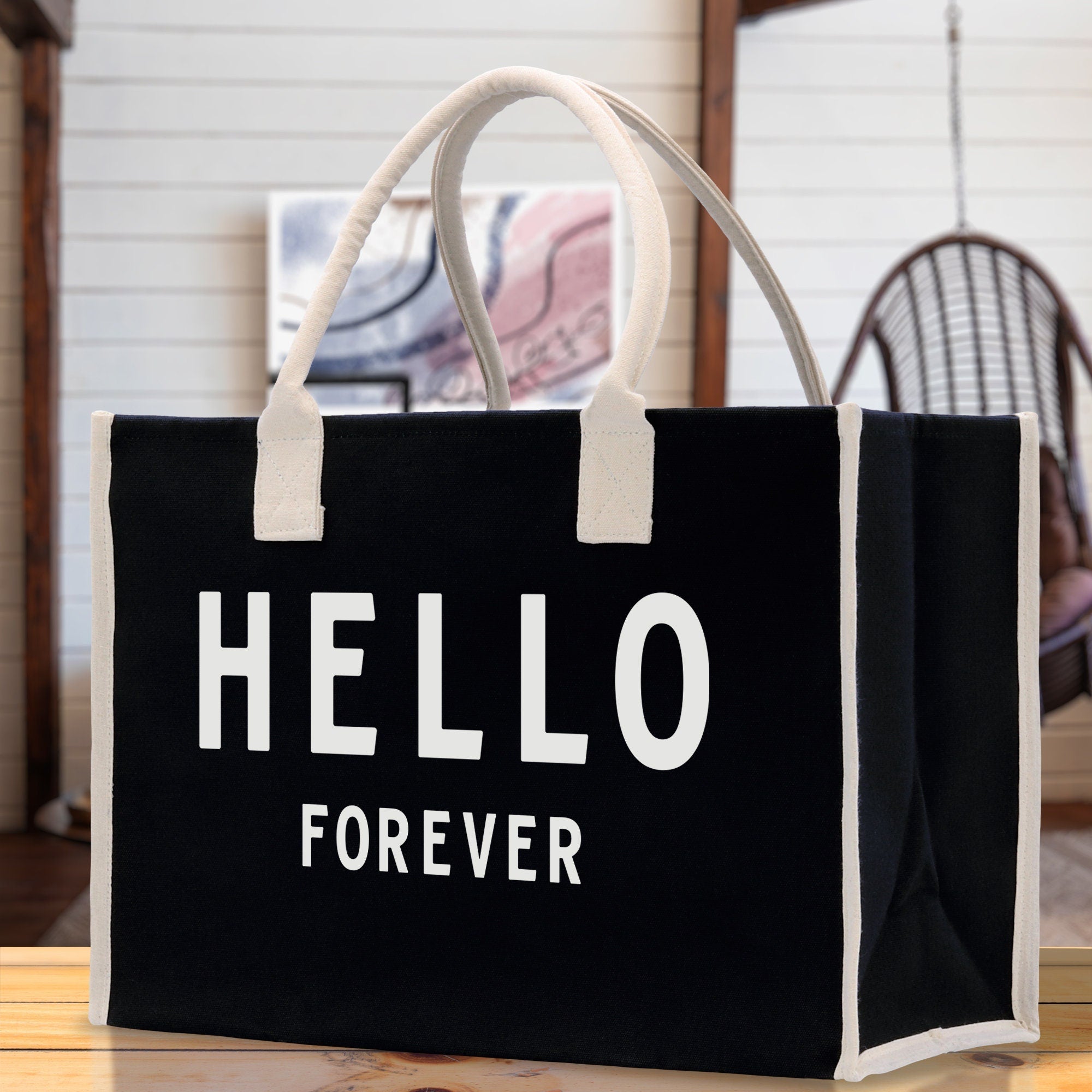 Hello Forever Cotton Canvas Chic Beach Tote Bag Multipurpose Tote Weekender Tote Gift for Her Outdoor Tote Vacation Tote Large Beach Bag - Aaria Tees Aaria Tees