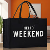Hello Weekend Cotton Canvas Chic Beach Tote Bag Multipurpose Tote Weekender Tote Gift for Her Outdoor Tote Vacation Tote Large Beach Bag - Aaria Tees Aaria Tees