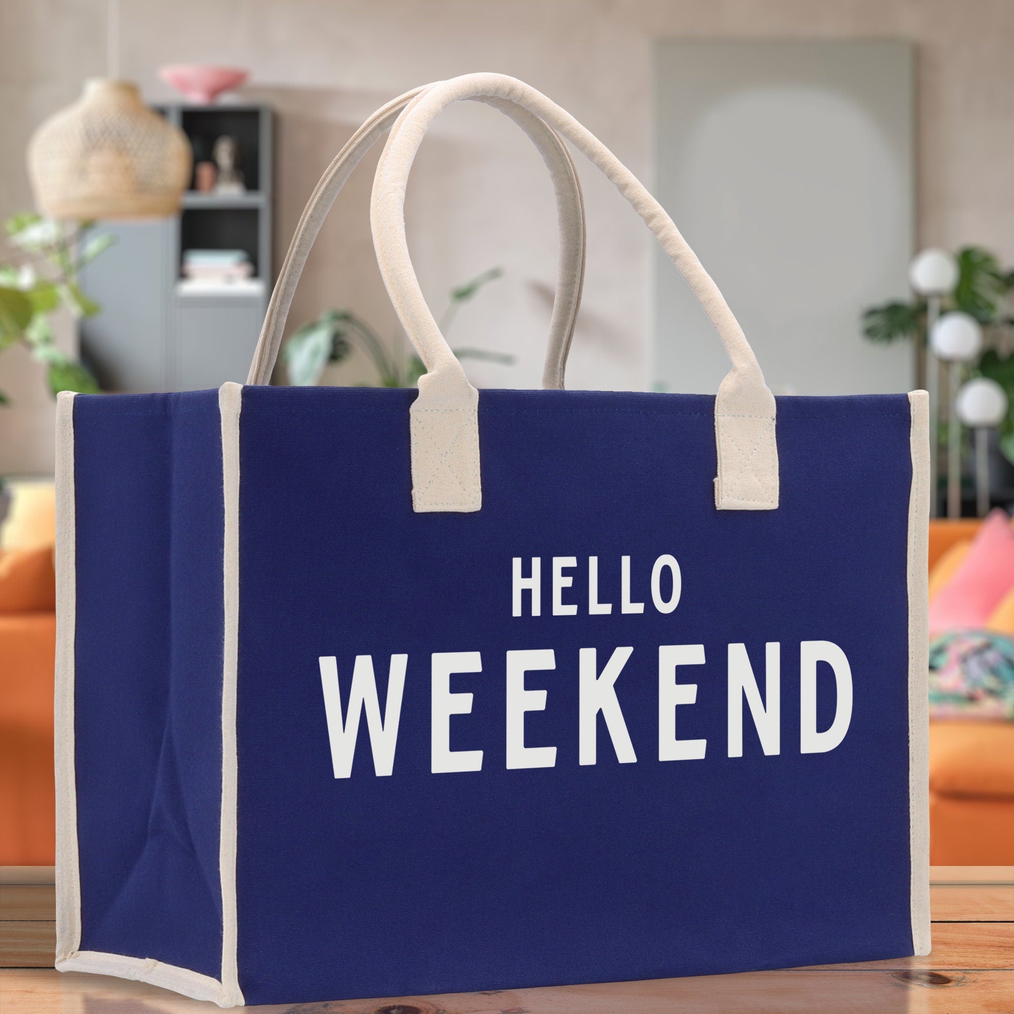Hello Weekend Cotton Canvas Chic Beach Tote Bag Multipurpose Tote Weekender Tote Gift for Her Outdoor Tote Vacation Tote Large Beach Bag - Aaria Tees Aaria Tees