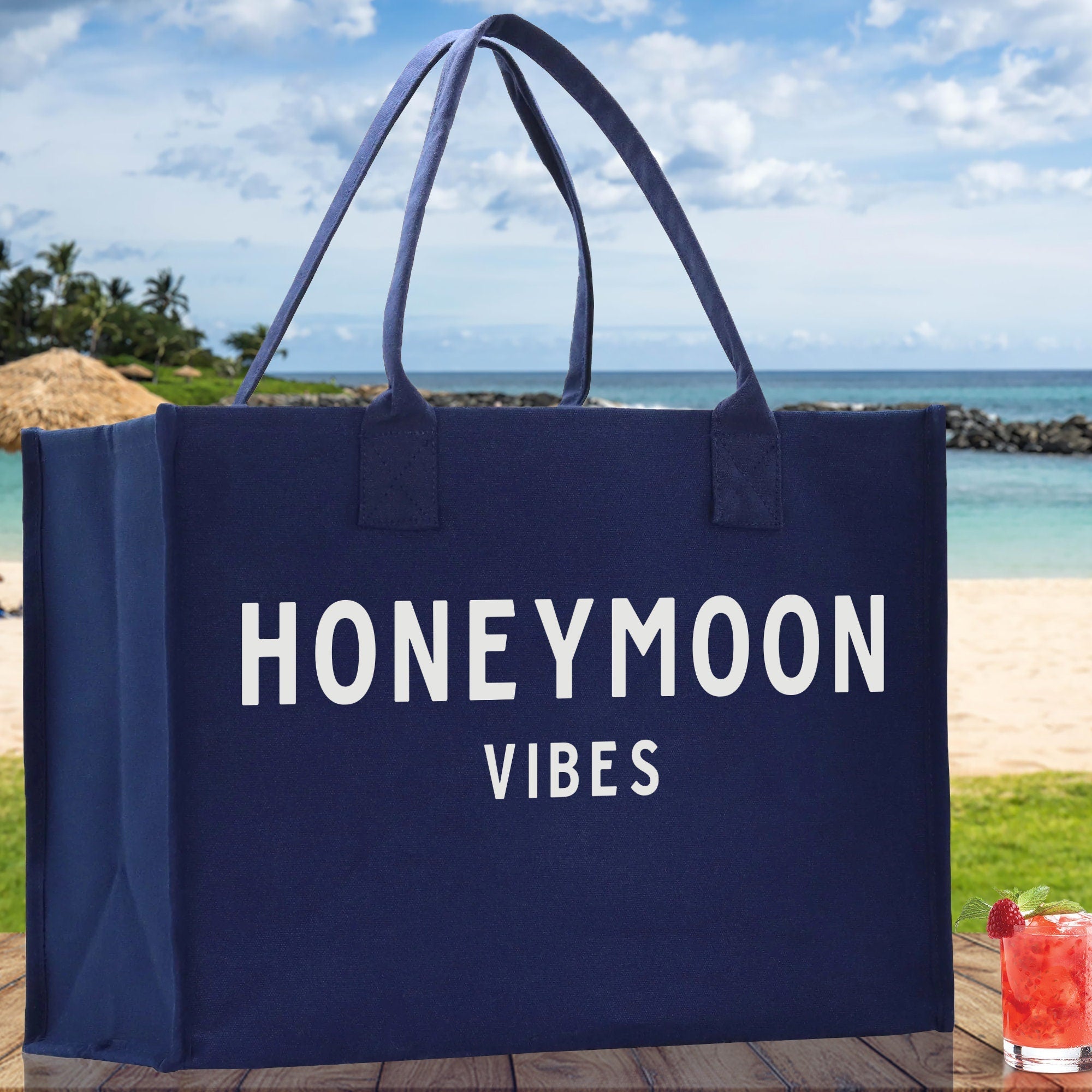 Honeymoon Vibes Cotton Canvas Chic Beach Tote Bag Multipurpose Tote Weekender Tote Gift for Her Outdoor Tote Vacation Tote Large Beach Bag - Aaria Tees Aaria Tees
