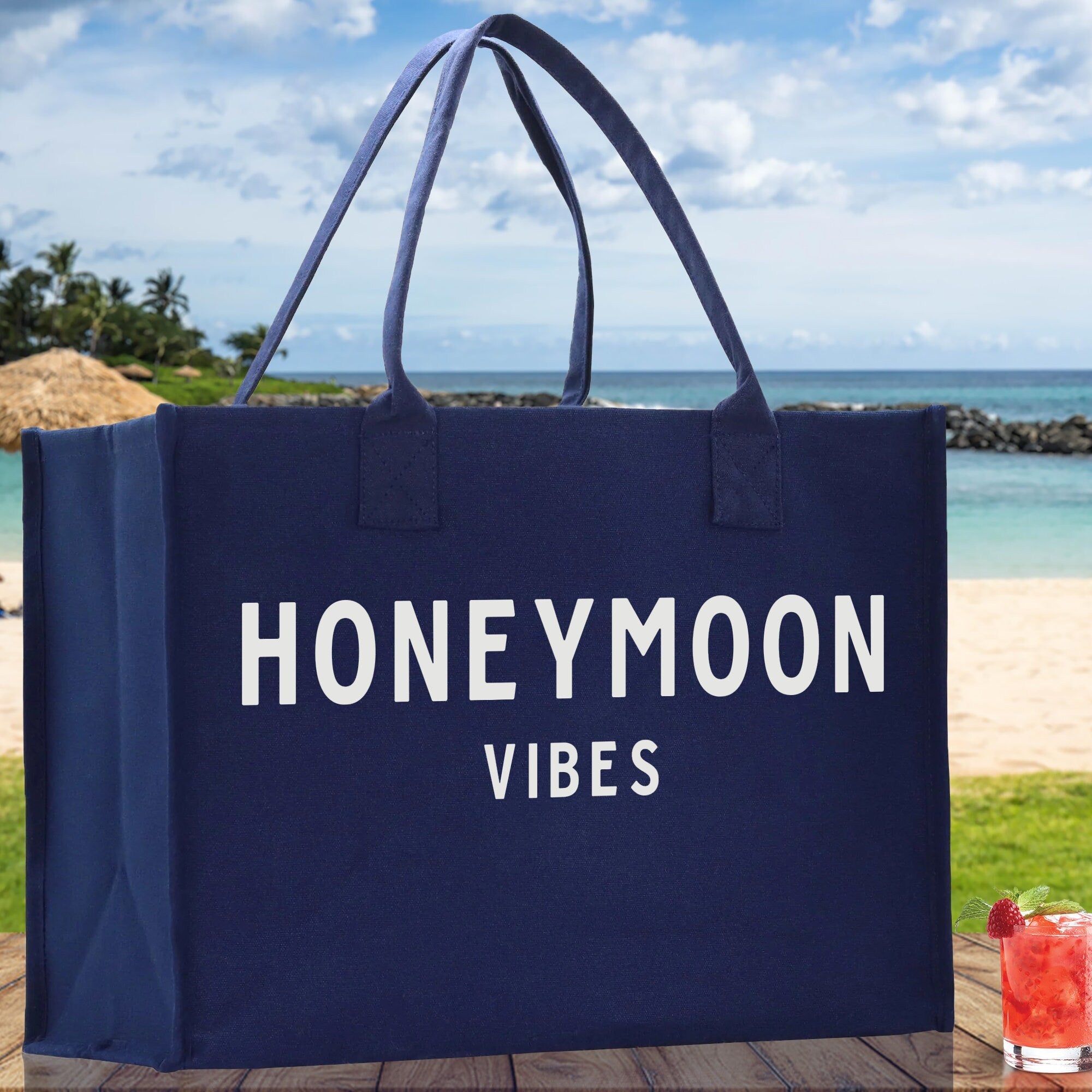 Honeymoon Vibes Cotton Canvas Chic Beach Tote Bag Multipurpose Tote Weekender Tote Gift for Her Outdoor Tote Vacation Tote Large Beach Bag - Aaria Tees Aaria Tees