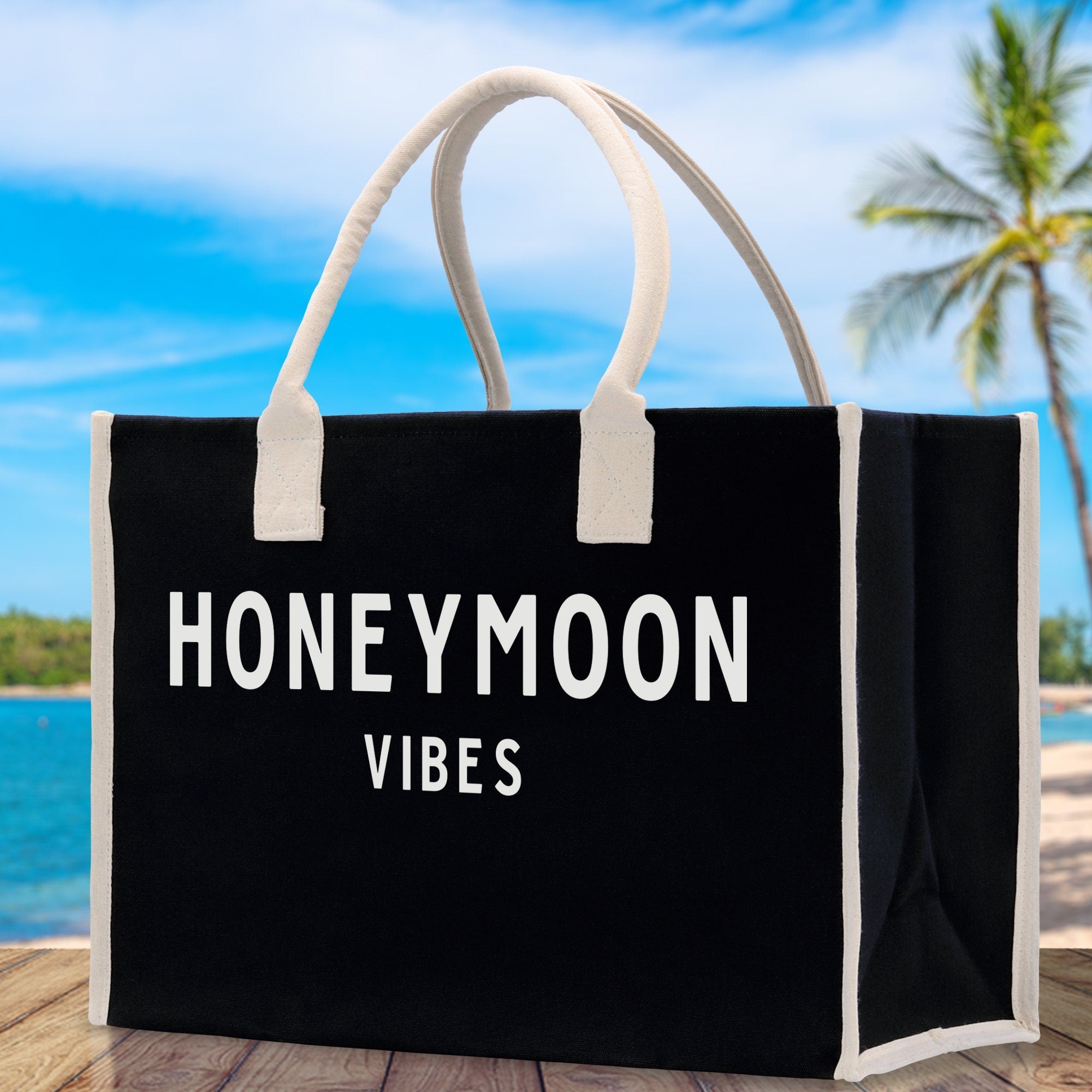 Honeymoon Vibes Cotton Canvas Chic Beach Tote Bag Multipurpose Tote Weekender Tote Gift for Her Outdoor Tote Vacation Tote Large Beach Bag - Aaria Tees Aaria Tees