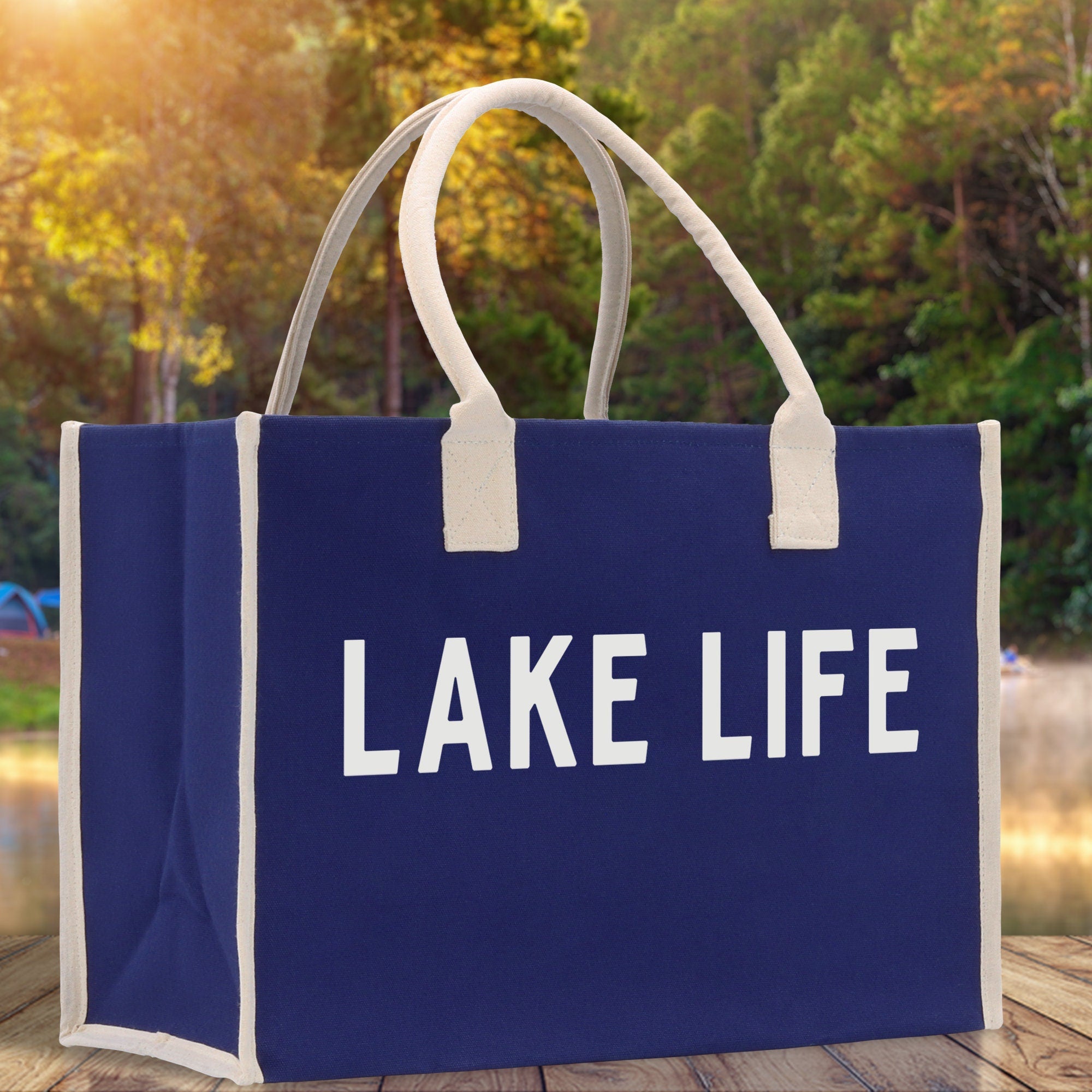 Lake Life Cotton Canvas Chic Beach Tote Bag Multipurpose Tote Weekender Tote Gift for Her Outdoor Tote Vacation Tote Large Beach Bag - Aaria Tees Aaria Tees
