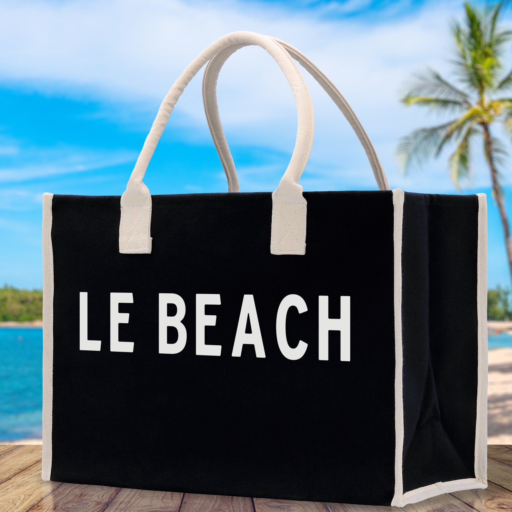 Le Beach Cotton Canvas Chic Beach Tote Bag Multipurpose Tote Weekender Tote Gift for Her Outdoor Tote Vacation Tote Large Beach Bag - Aaria Tees Aaria Tees