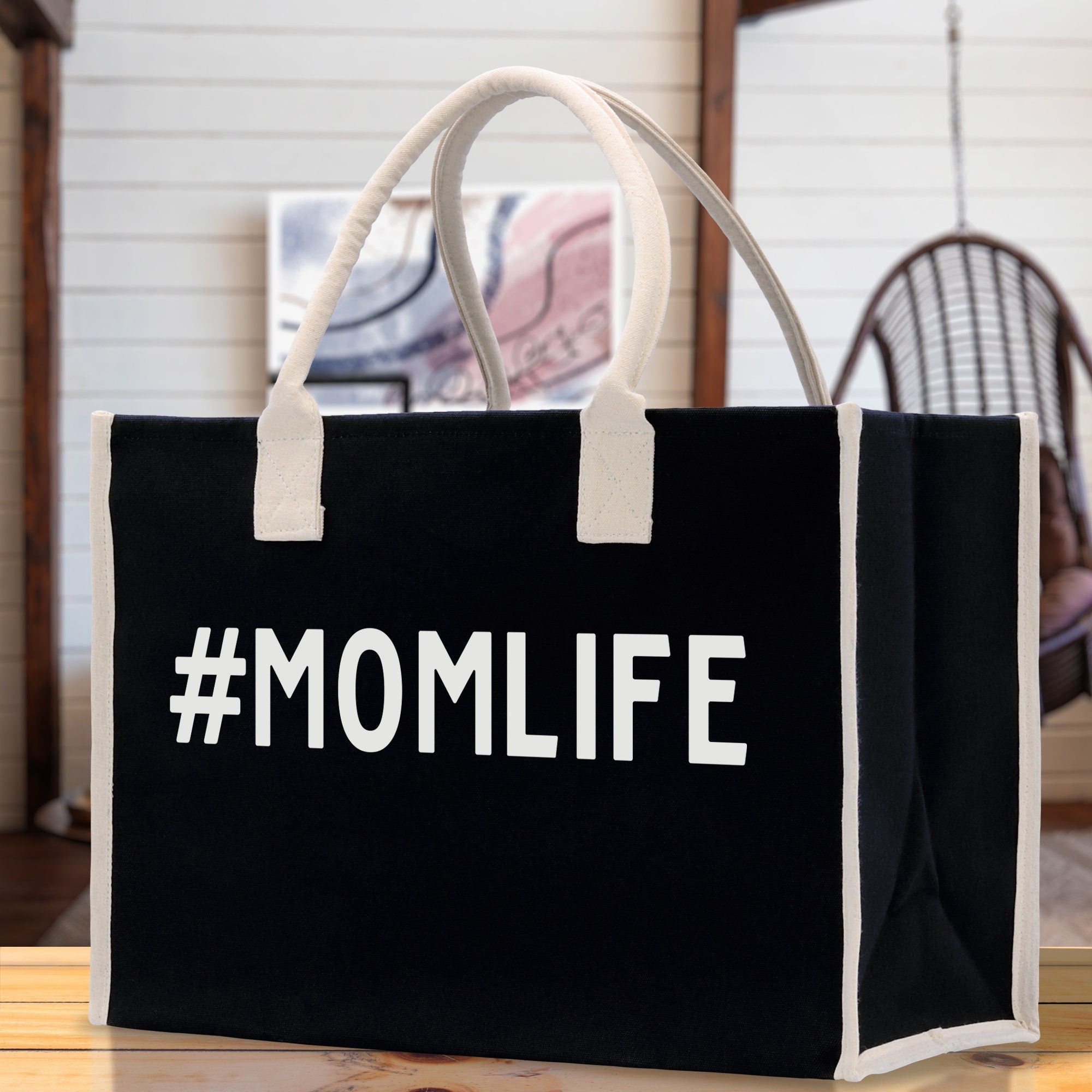 Mom Life Cotton Canvas Chic Beach Tote Bag Multipurpose Tote Weekender Tote Gift for Her Outdoor Tote Vacation Tote Large Beach Bag - Aaria Tees Aaria Tees
