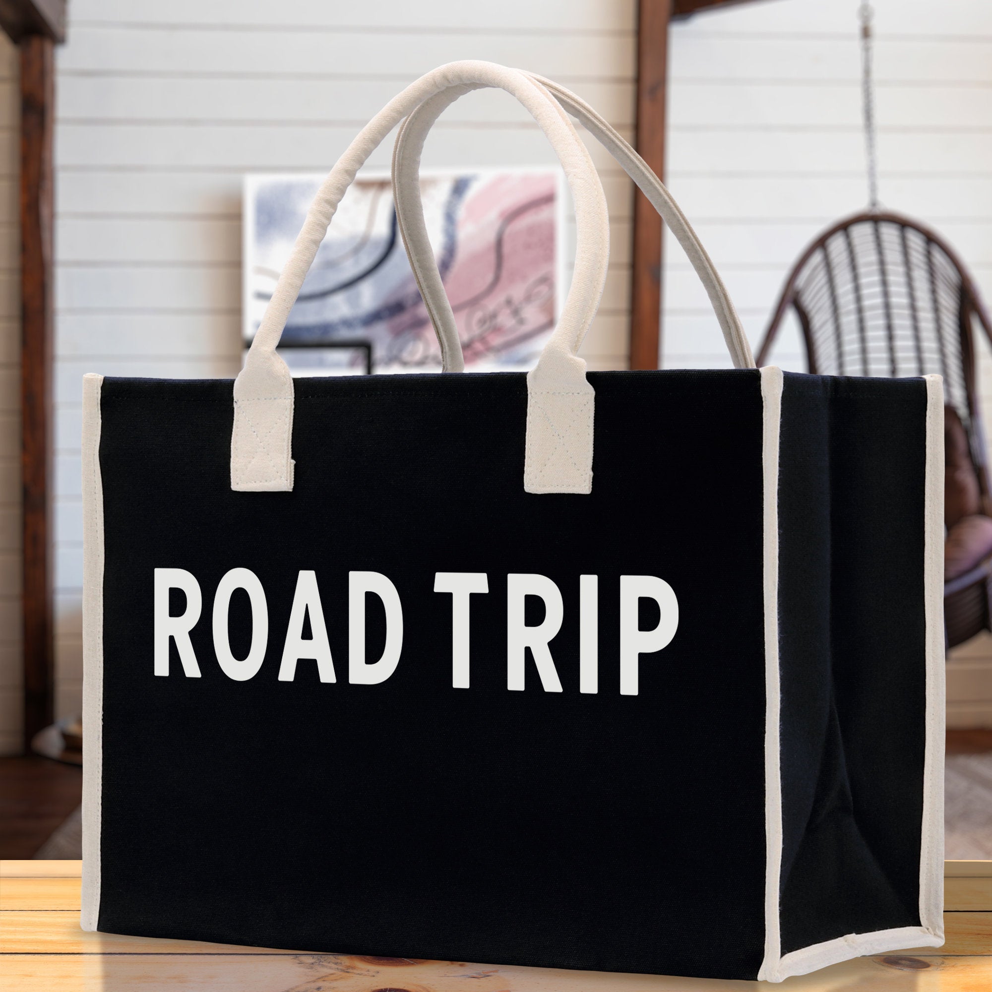 Road Trip Cotton Canvas Chic Beach Tote Bag Multipurpose Tote Weekender Tote Gift for Her Outdoor Tote Vacation Tote Large Beach Bag - Aaria Tees Aaria Tees
