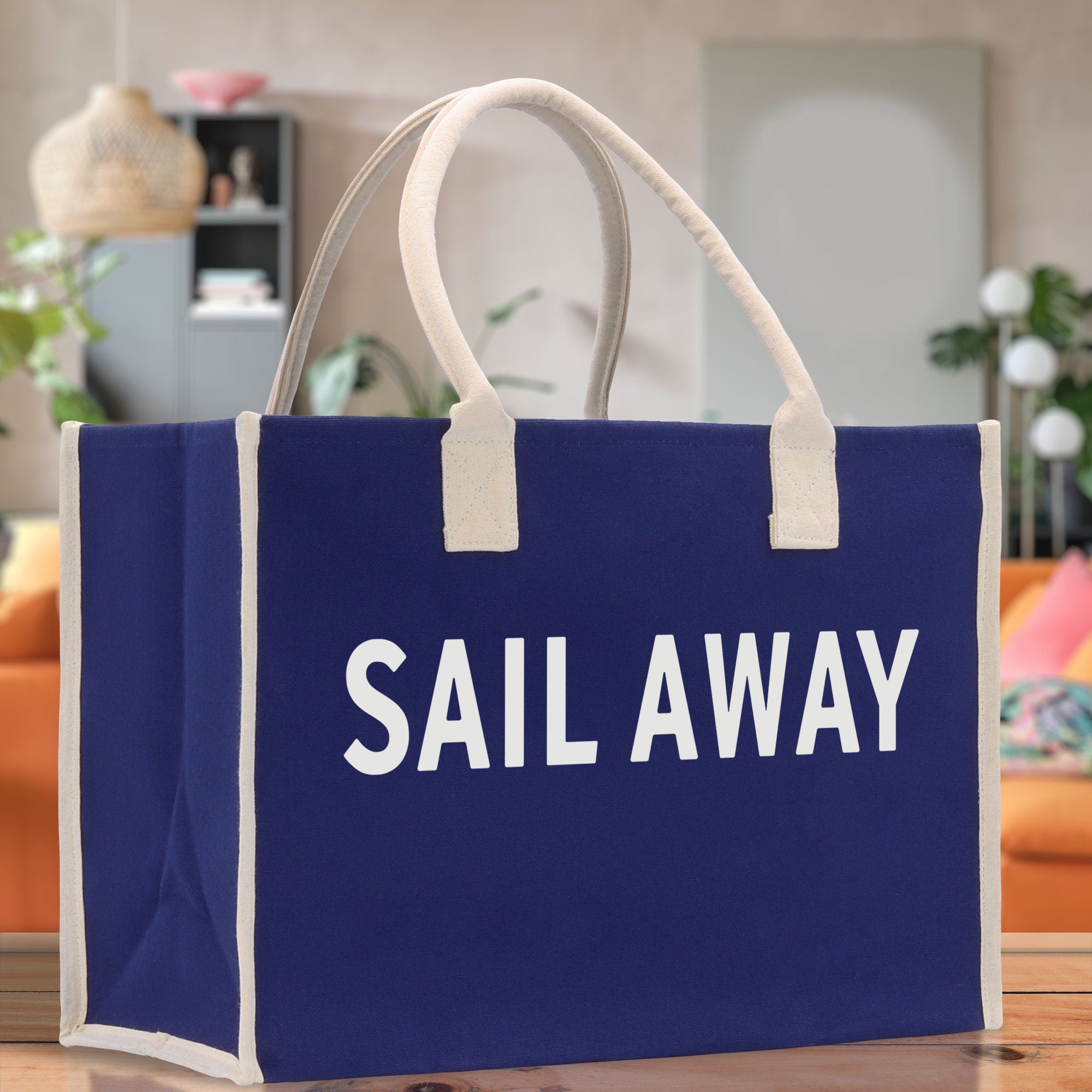 Sail Away Cotton Canvas Chic Beach Tote Bag Multipurpose Tote Weekender Tote Gift for Her Outdoor Tote Vacation Tote Large Beach Bag - Aaria Tees Aaria Tees