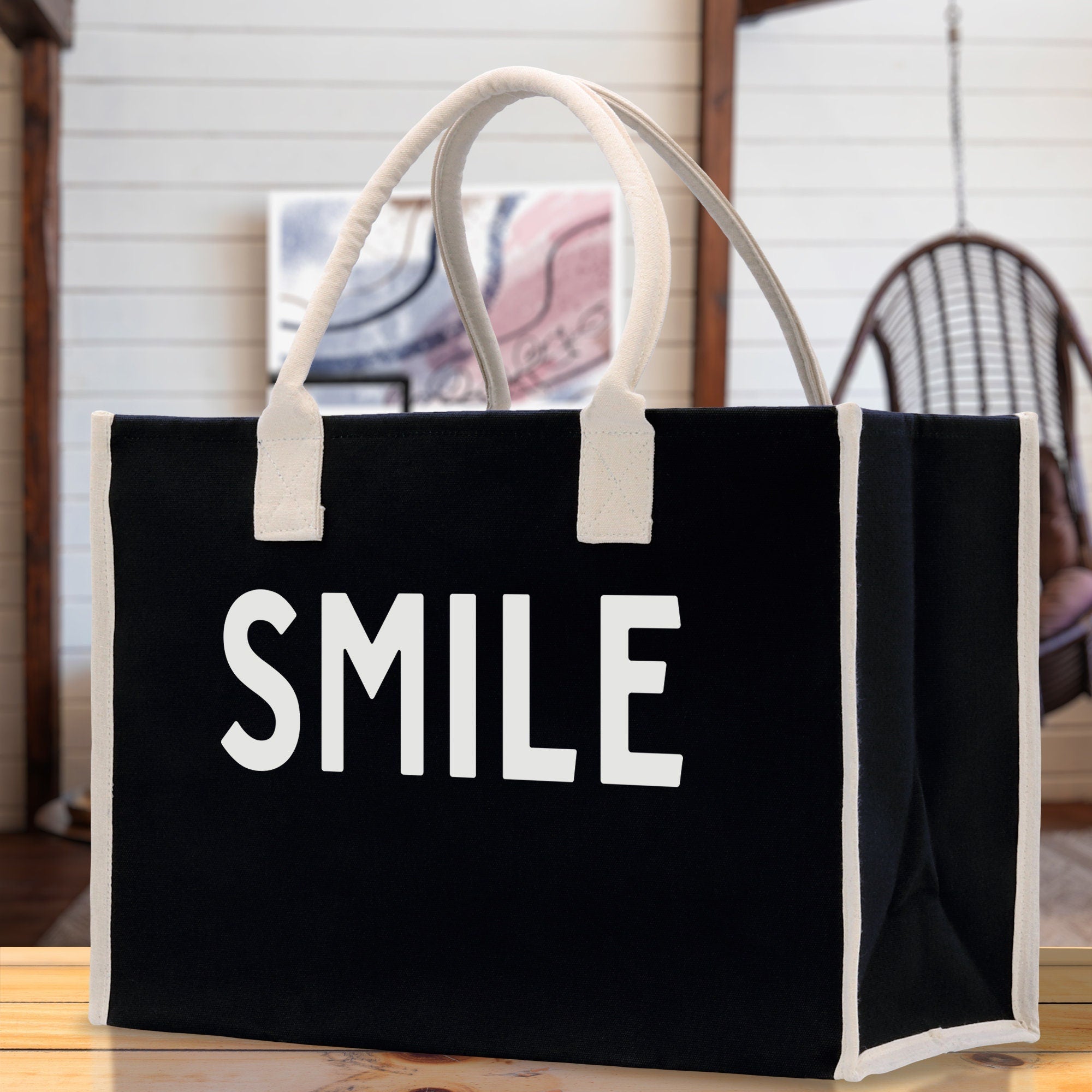 Smile Cotton Canvas Chic Beach Tote Bag Multipurpose Tote Weekender Tote Gift for Her Outdoor Tote Vacation Tote Large Beach Bag - Aaria Tees Aaria Tees