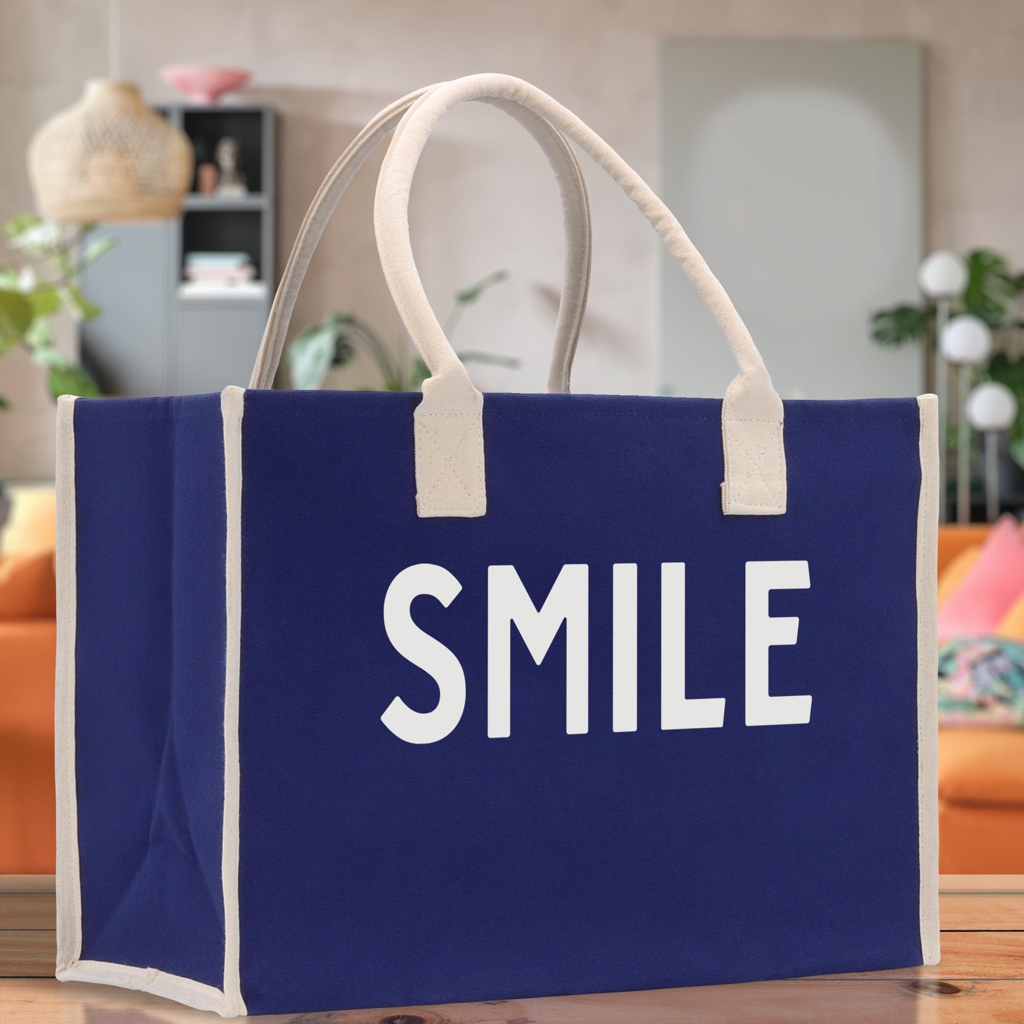 Smile Cotton Canvas Chic Beach Tote Bag Multipurpose Tote Weekender Tote Gift for Her Outdoor Tote Vacation Tote Large Beach Bag - Aaria Tees Aaria Tees