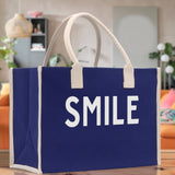 Smile Cotton Canvas Chic Beach Tote Bag Multipurpose Tote Weekender Tote Gift for Her Outdoor Tote Vacation Tote Large Beach Bag - Aaria Tees Aaria Tees