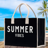 Summer Vibes Cotton Canvas Chic Beach Tote Bag Multipurpose Tote Weekender Tote Gift for Her Outdoor Tote Vacation Tote Large Beach Bag - Aaria Tees Aaria Tees