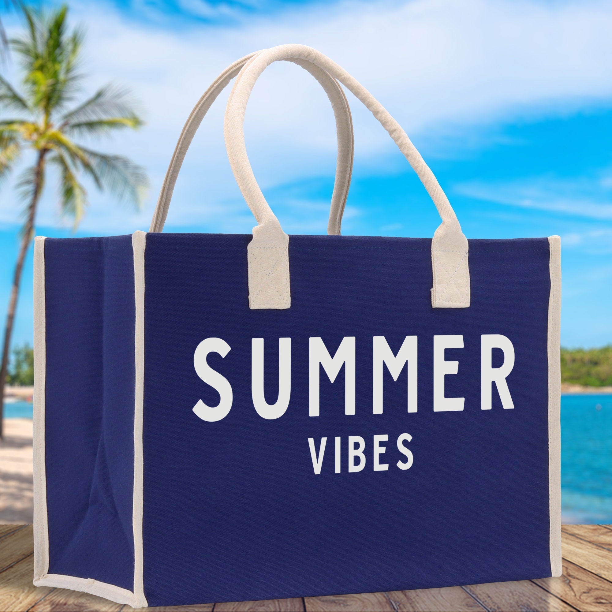 Summer Vibes Cotton Canvas Chic Beach Tote Bag Multipurpose Tote Weekender Tote Gift for Her Outdoor Tote Vacation Tote Large Beach Bag - Aaria Tees Aaria Tees