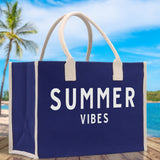 Summer Vibes Cotton Canvas Chic Beach Tote Bag Multipurpose Tote Weekender Tote Gift for Her Outdoor Tote Vacation Tote Large Beach Bag - Aaria Tees Aaria Tees