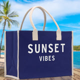 Sunset Vibes Cotton Canvas Chic Beach Tote Bag Multipurpose Tote Weekender Tote Gift for Her Outdoor Tote Vacation Tote Large Beach Bag - Aaria Tees Aaria Tees