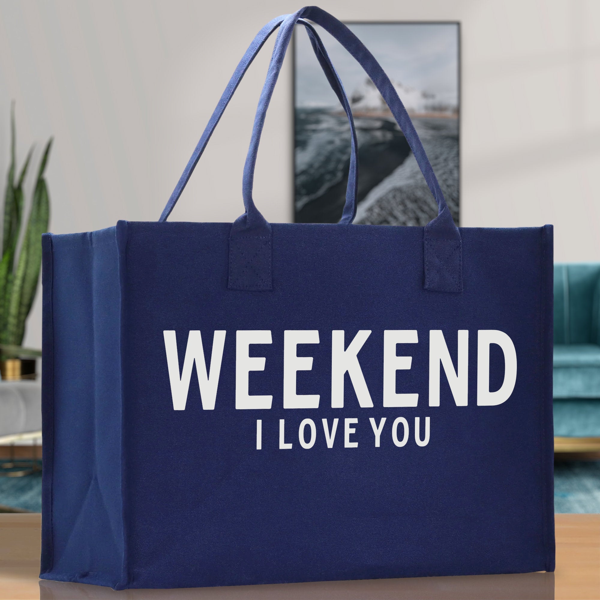 Weekend I Love Cotton Canvas Chic Beach Tote Bag Multipurpose Tote Weekender Tote Gift for Her Outdoor Tote Vacation Tote Large Beach Bag - Aaria Tees Aaria Tees