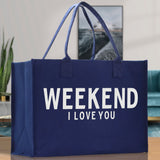 Weekend I Love Cotton Canvas Chic Beach Tote Bag Multipurpose Tote Weekender Tote Gift for Her Outdoor Tote Vacation Tote Large Beach Bag - Aaria Tees Aaria Tees