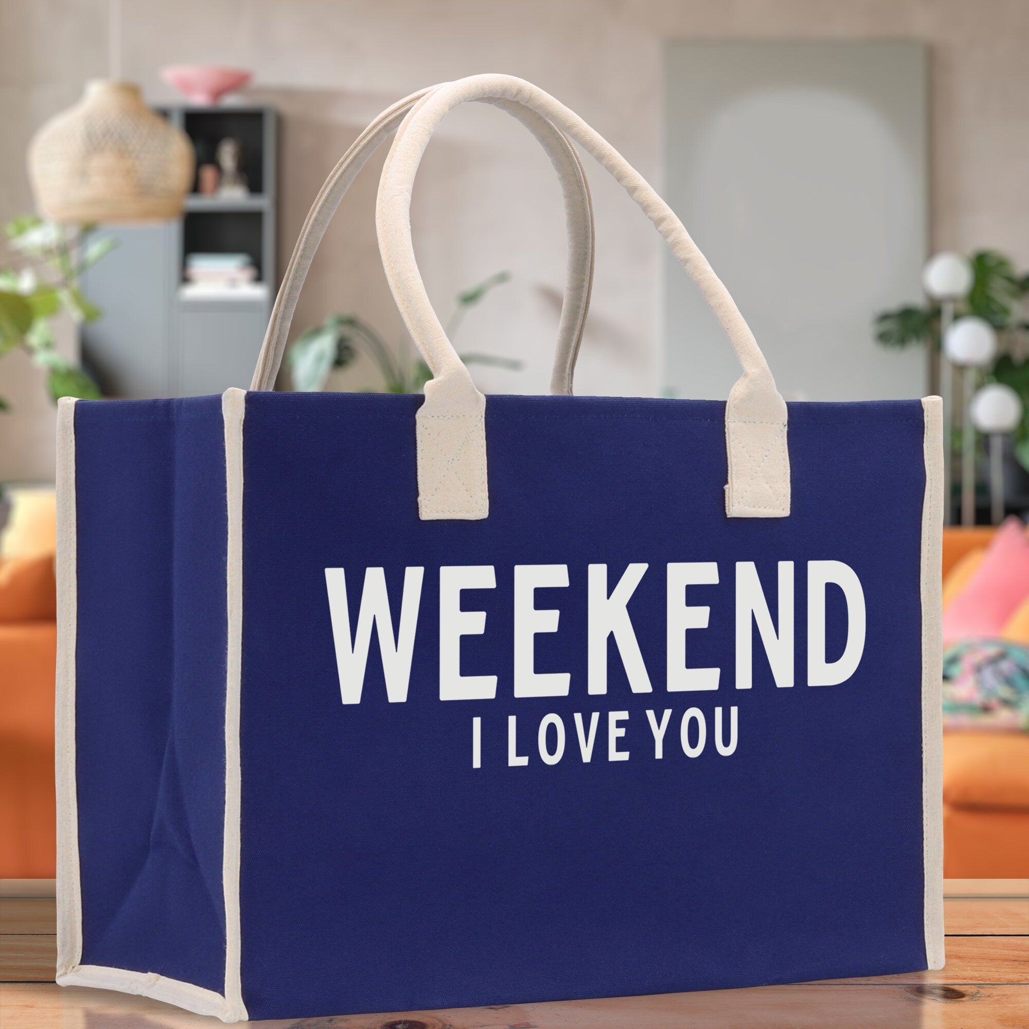 Weekend I Love Cotton Canvas Chic Beach Tote Bag Multipurpose Tote Weekender Tote Gift for Her Outdoor Tote Vacation Tote Large Beach Bag - Aaria Tees Aaria Tees