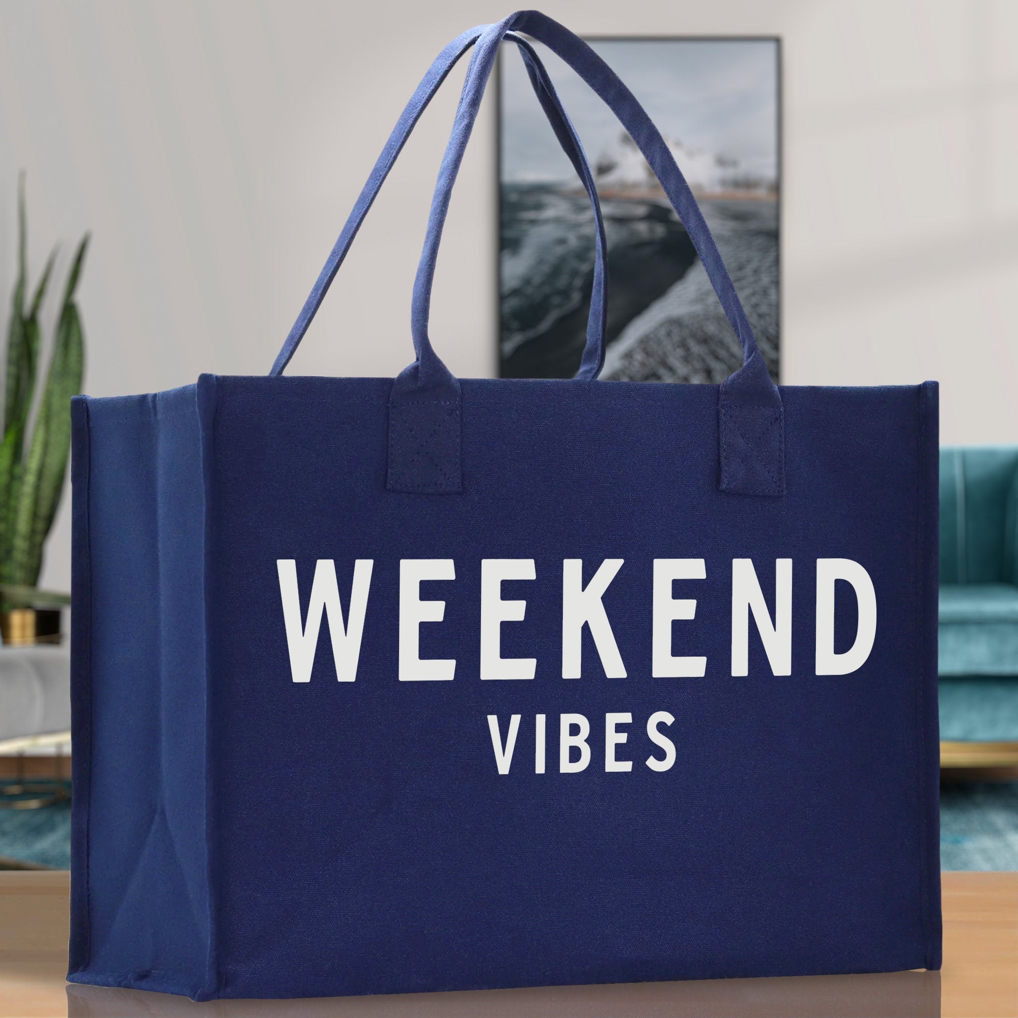 Weekend Vibes Cotton Canvas Chic Beach Tote Bag Multipurpose Tote Weekender Tote Gift for Her Outdoor Tote Vacation Tote Large Beach Bag - Aaria Tees Aaria Tees