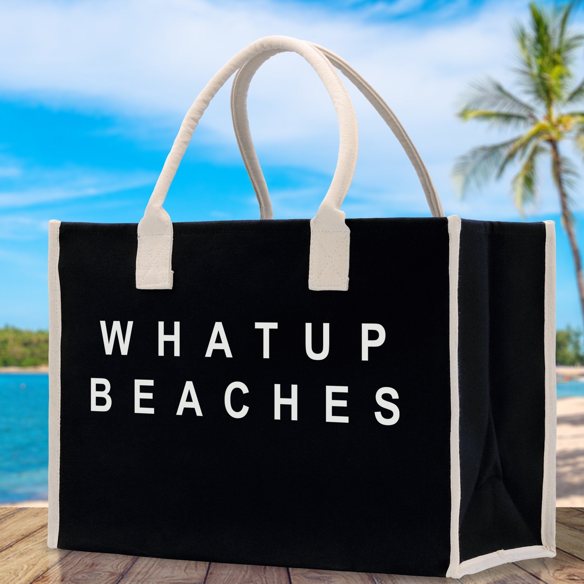 Whatup Beaches Cotton Canvas Chic Beach Tote Bag Multipurpose Tote Weekender Tote Gift for Her Outdoor Tote Vacation Tote Large Beach Bag - Aaria Tees Aaria Tees