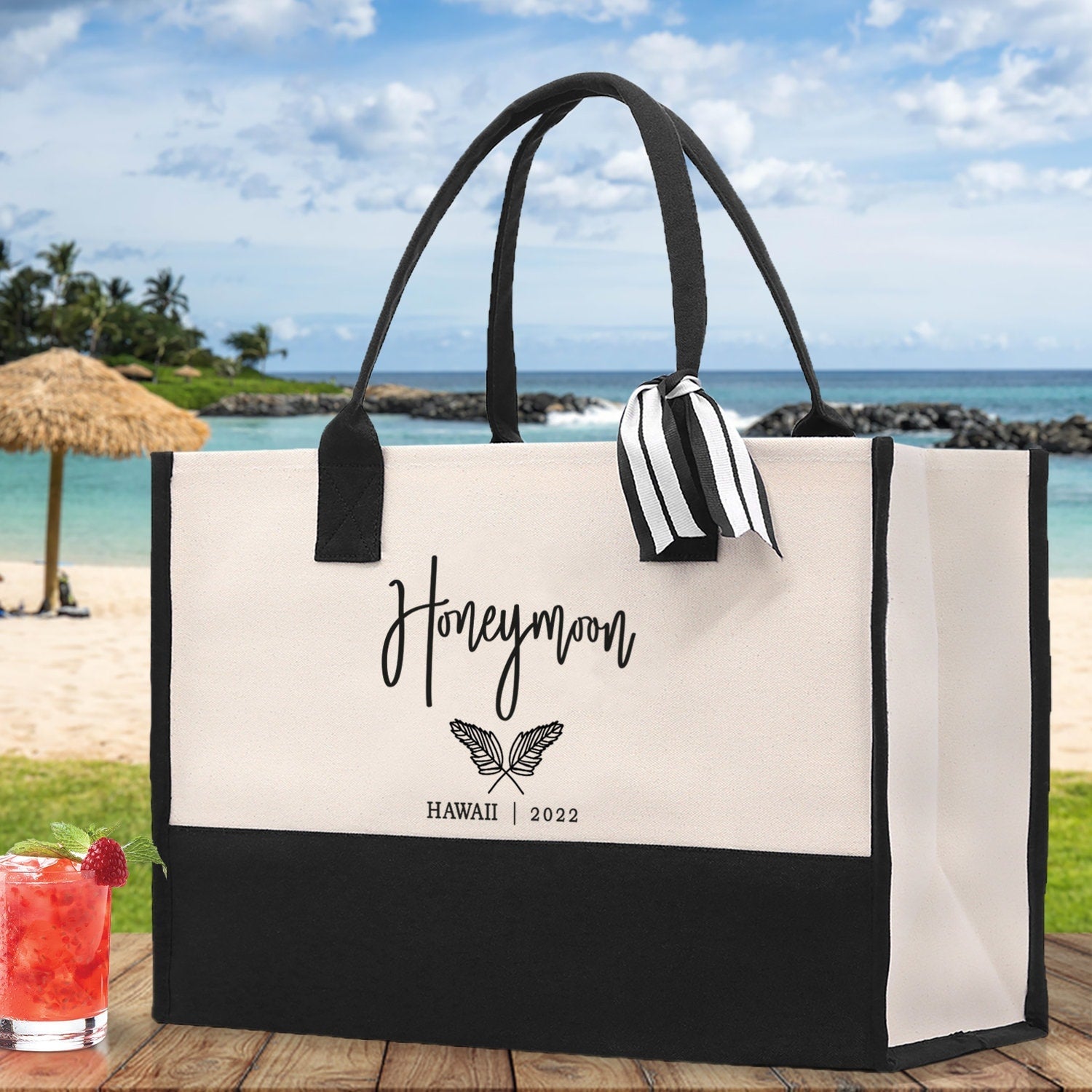 Honeymoon Vibes Personalized Canvas Tote Bag Custom Newlyweds Beach Tote Bag Honeymoon Gift Honeymoon Weekender Bag Engagement Gift - Aaria Tees Aaria Tees