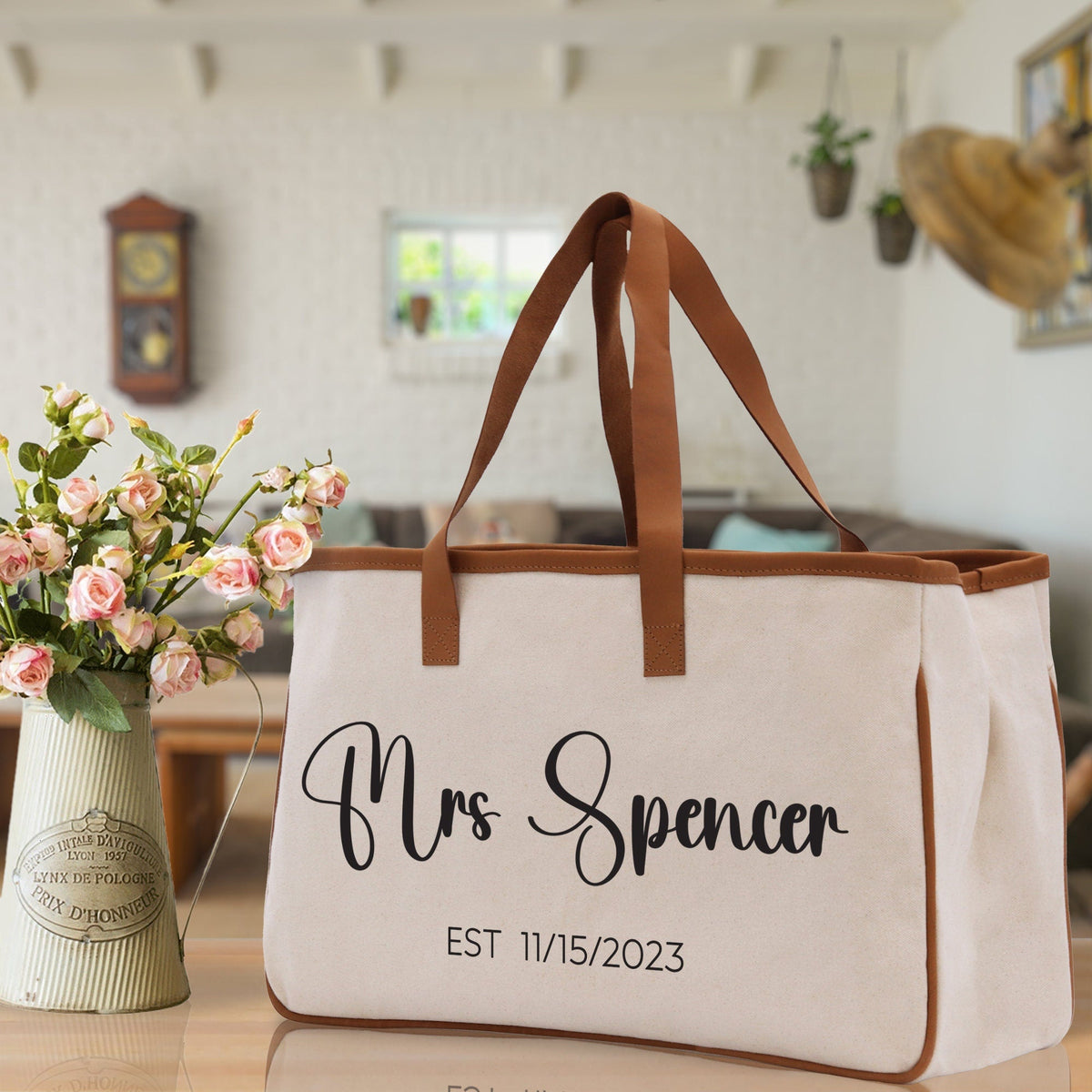 Mrs. Last Name Est Year Tote Bag Personalized Date Wedding Tote Bridal Shower Gift Honeymoon Gift Customized Wedding Gift Bridesmaid Gift - Aaria Tees