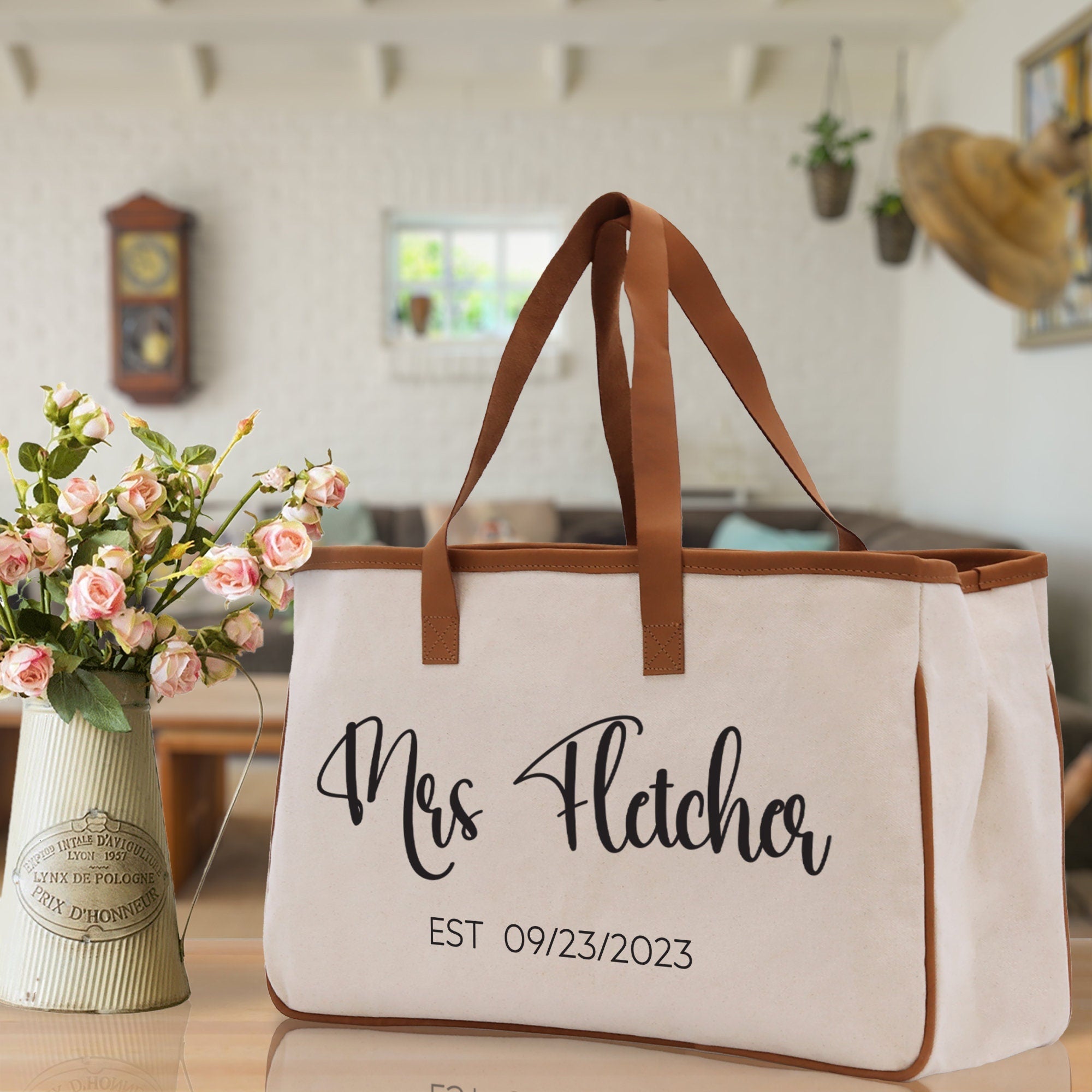 Mrs. Last Name Est Year Tote Bag Personalized Date Wedding Tote Bridal Shower Gift Honeymoon Gift Customized Wedding Gift Bridesmaid Gift - Aaria Tees Aaria Tees